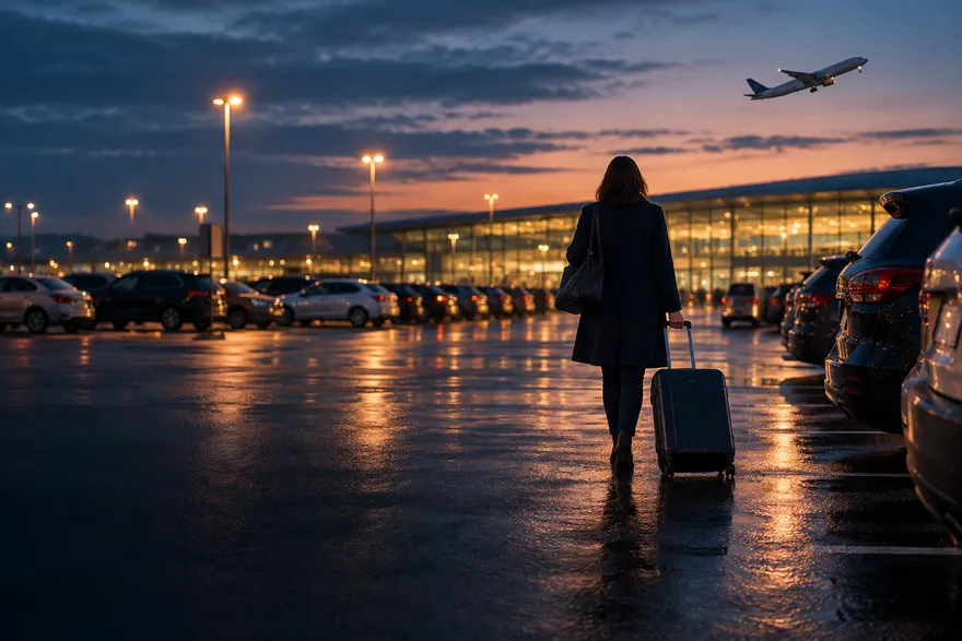Visuel illustratif : une voyageuse traverse un parking d’aéroport à l’heure bleue.